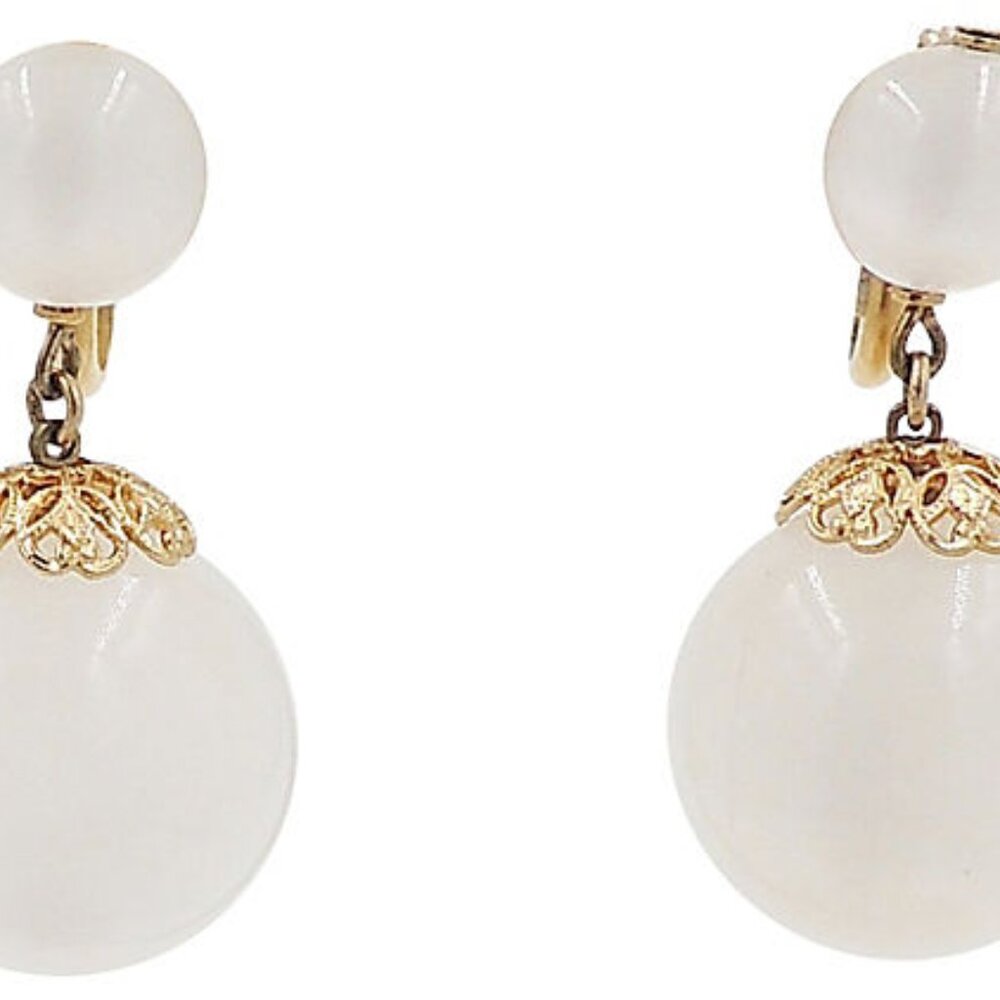 Vintage 1950s Signed Napier White Moonglow Drop Clip Earrings